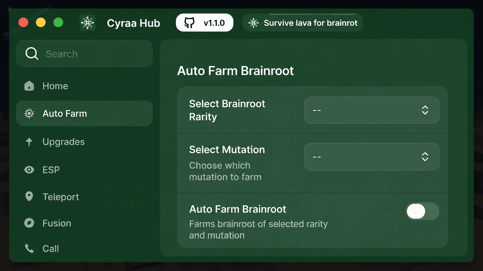 Cyraa Hub Survive Lava For Brainrot Script GUI [Auto Farm Brainrot, Lucky Block, ESP, Teleport]