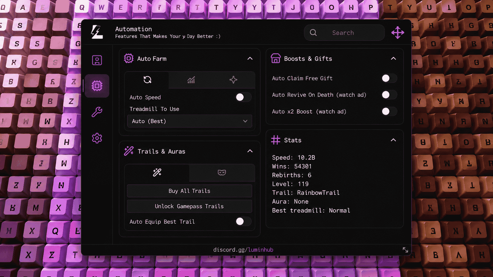 Lumin Hub +1 Speed Keyboard Escape Script [Auto Farm, Auto Win & Rebirth]